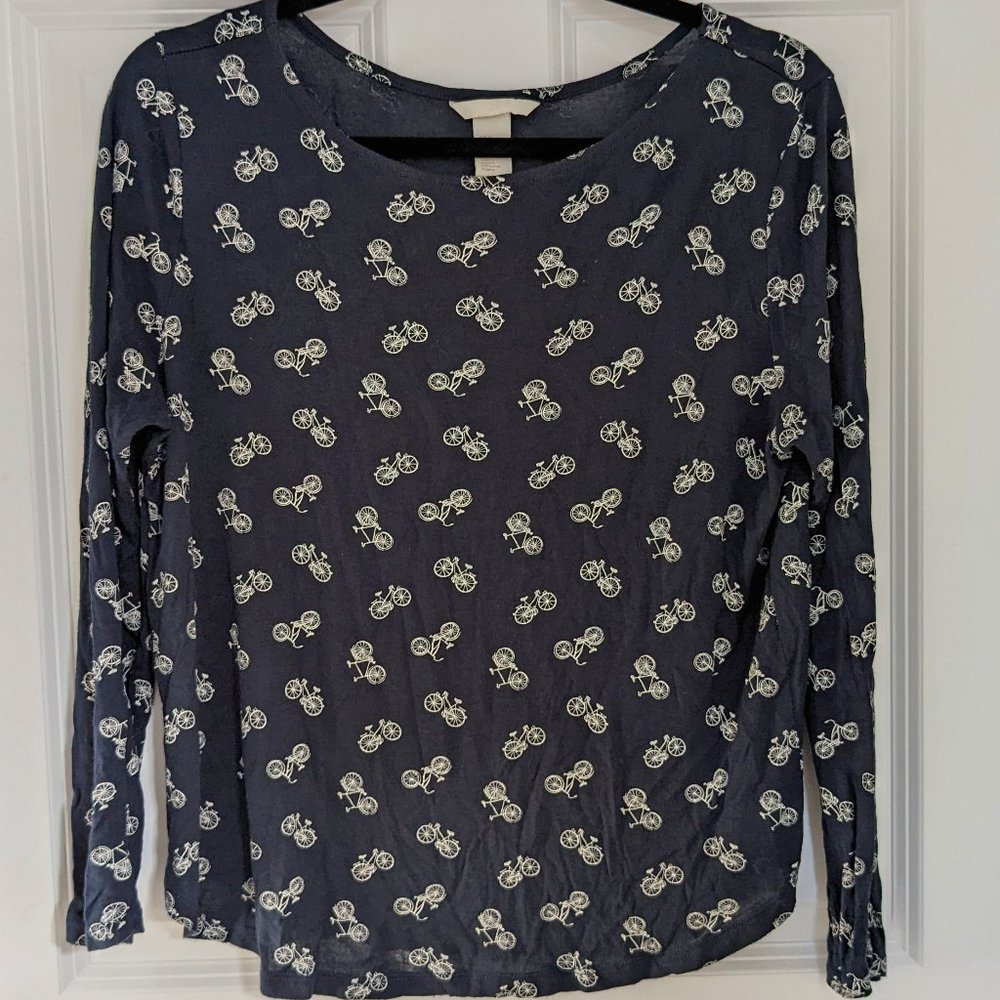 Versatile Lightweight Long Sleeve Bicycle Print Crew Neck Tee Blouse, M
